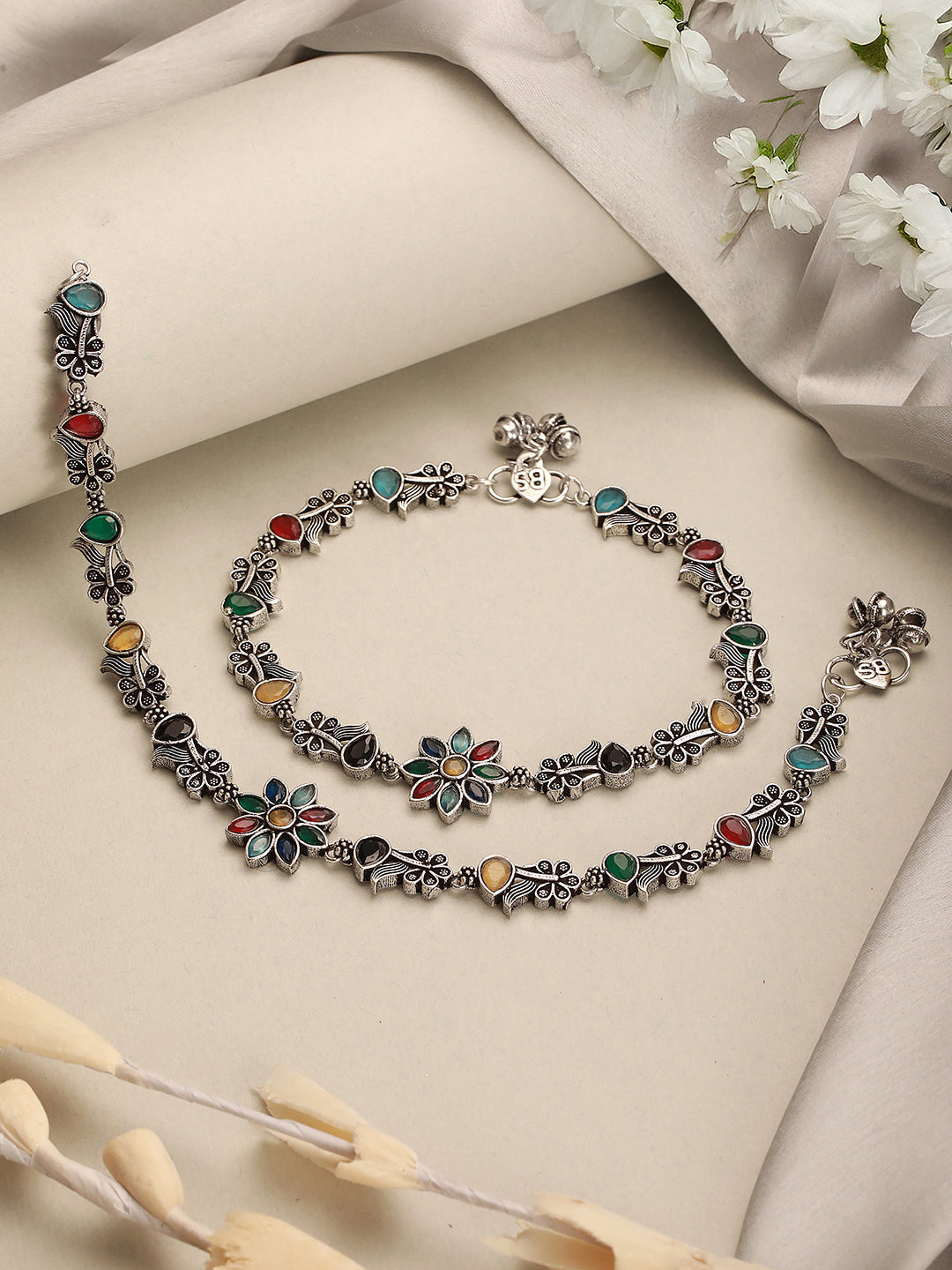 Set of 2 Silver Oxidised Multi Colored Stone Studded Peacock & Flower Minimal Dailywear Anklet Payal